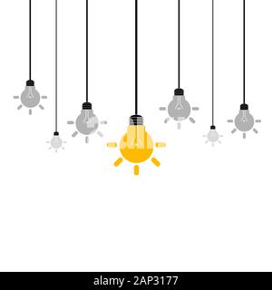 Abstract hanging light bulbs with glowing one. Vector illustration. Concept of business and industrial idea in flat design. Stock Vector