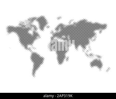 Black halftone world map isolated. Vector illustration. Dotted map in flat design. Stock Vector