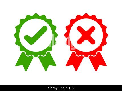 Green approved and red rejected icons. Check mark and cross mark on white background. Vector illustration. Stock Vector
