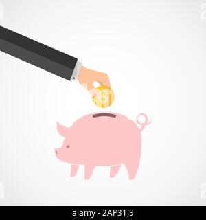 Piggy bank and hand with dollar coin. Vector illustration. Hand put gold coin Stock Vector
