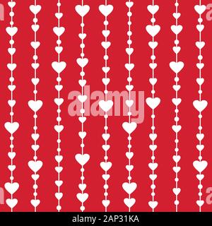 Seamless vector pattern with hanging heart garlands. Red background Stock Vector