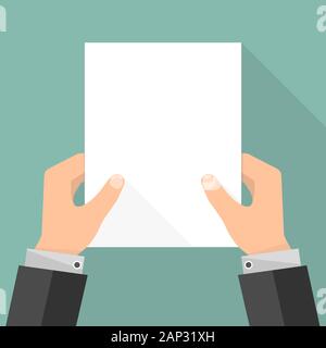Empty white paper list in the hands. Vector illustration. Businessman in hands holding paper empty mockup. Stock Vector