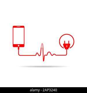 Smartphone charging connect to power plug. Charging a mobile phone with a cable in shape of heartbeat. Vector illustration. Stock Vector
