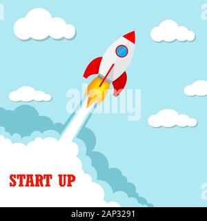 Start up of the space rocket. Rocket ship in flat design. Vector illustration. Concept of business launch. Stock Vector