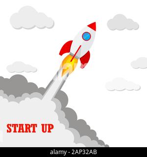Start up of the space rocket. Rocket ship in flat design. Vector illustration. Concept of business launch. Stock Vector