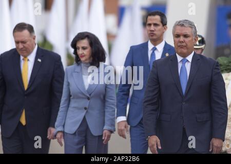 October 10, 2019: Colombia's President Ivan Duque, center of red carpet, US State Secretary Mike Pompeo, third person left of Duque, and Venezuela's opposition leader Juan Guaido, attending a ceremony marking one year since a car bomb attack at the police academy in Bogota, Colombia, during the inauguration of a regional anti-terrorism summit Credit: Daniel Garzon Herazo/ZUMA Wire/Alamy Live News Stock Photo
