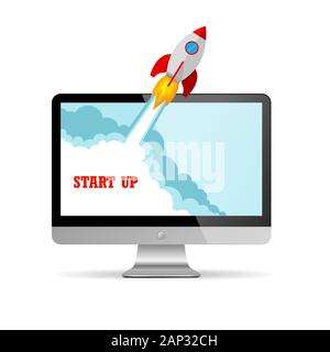 The spacecraft crashes outside monitor screen . Vector Illustration. Concept of business start-up. Stock Vector