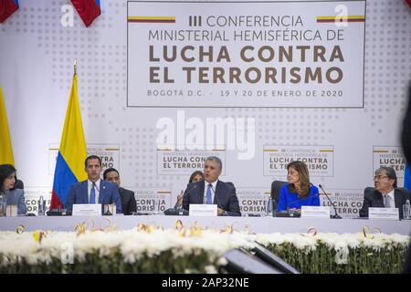 October 10, 2019: Colombia's President Ivan Duque, center of red carpet, US State Secretary Mike Pompeo, third person left of Duque, and Venezuela's opposition leader Juan Guaido, attending a ceremony marking one year since a car bomb attack at the police academy in Bogota, Colombia, during the inauguration of a regional anti-terrorism summit. Credit: Daniel Garzon Herazo/ZUMA Wire/Alamy Live News Stock Photo