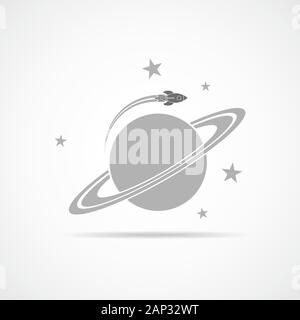 The spacecraft flies around the planet. Gray space rocket with planet in flat design. Vector Illustration. Stock Vector