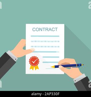 Agreement concept - hand signing of paper contract. Vector illustration. The concept of a successful transaction. Stock Vector