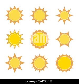 Set of yellow sun icons in flat design. Vector illustration. Sun icons collection, isolated on white background Stock Vector