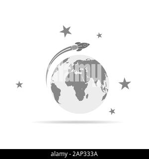 The spacecraft flies around the Earth. Gray space rocket with Globe Earth in flat design. Vector Illustration. Stock Vector