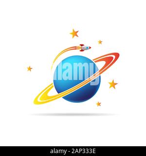 Flight space rocket around planet. Vector illustration. Space rocket, planet and stars in flat design. Stock Vector