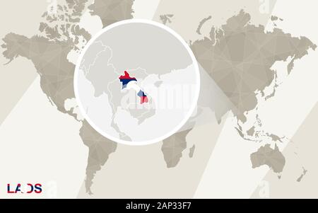 Zoom on Laos Map and Flag. World Map. Stock Vector