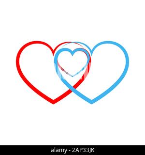 Two linear hearts connected among themselves. Vector illustration. Red and blue hearts as a symbol of love. Stock Vector