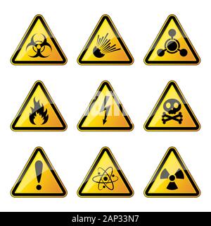 Set of warning danger signs, isolated on white background. Vector illustration. Set of triangular warning hazard signs. Stock Vector