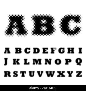 Black dotted halftone alphabet. Vector illustration. Abstract abc in flat design. Stock Vector