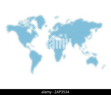 Blue halftone world map isolated. Vector illustration. Dotted map in flat design Stock Vector