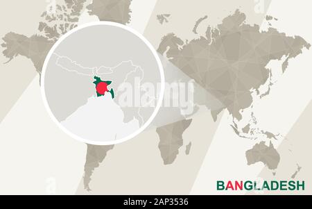 Zoom on Bangladesh Map and Flag. World Map. Stock Vector