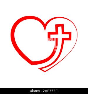 Christian cross icon in the heart inside. Red christian cross sign isolated on white background. Vector illustration. Christian symbol. Stock Vector
