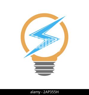 Light bulb icon with lightning, isolated on white background. Vector Illustration. Light bulb sign in flat design. Stock Vector