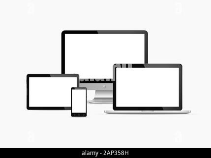 Electronic devices with white screen. Vector illustration. Set of monitor, tablet pc,smart phone and laptop. Stock Vector