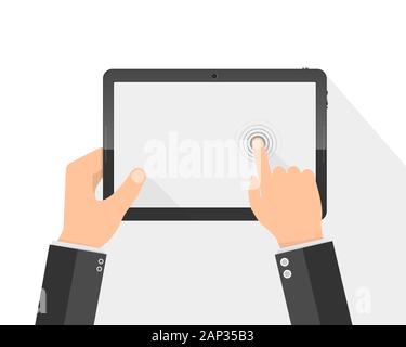 Hands holding digital tablet with blank screen. Vector illustration. Modern tablet PC with touch screen in the hands isolated. Stock Vector