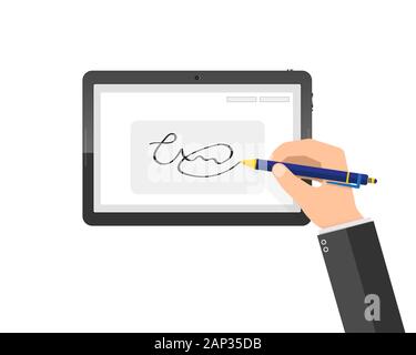Hands of businessman and digital signature on tablet. Vector illustration. Concept of modern handwritten digital signature in flat design. Stock Vector