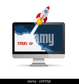 The spacecraft crashes outside monitor screen . Vector Illustration. Concept of business start-up. Stock Vector
