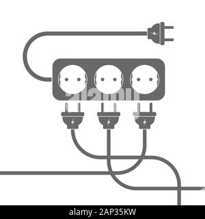Power extension cord. Vector illustration. Gray extension cord with three wire plugs, on white background. Stock Vector
