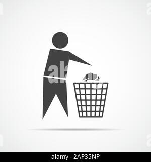 Trash bin or trash can with human figure. Black trash icon, isolated on light background. Vector illustration Stock Vector