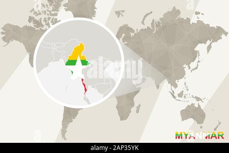 World map with magnified Myanmar. Myanmar flag and map Stock Vector ...