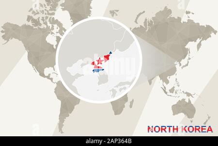 Zoom on North Korea Map and Flag. World Map. Stock Vector