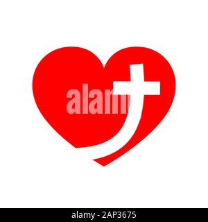 Christian cross icon in the heart inside. Red christian cross sign isolated on white background. Vector illustration. Christian symbol. Stock Vector
