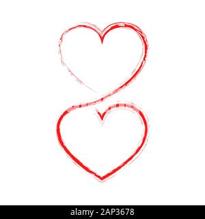Two linear hearts connected among themselves. Vector illustration. Red hearts in hand drawn style, as a symbol of love. Stock Vector