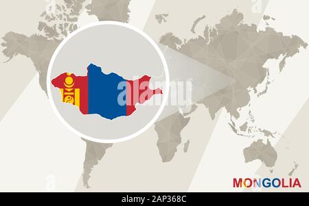 Zoom on Mongolia Map and Flag. World Map. Stock Vector
