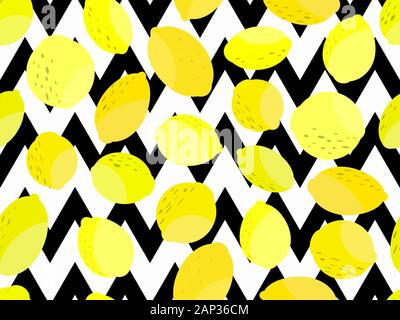 Lemon seamless pattern. Yellow lemons on a striped background. Background for brochures, promotional material and wallpaper. Vector illustration Stock Vector