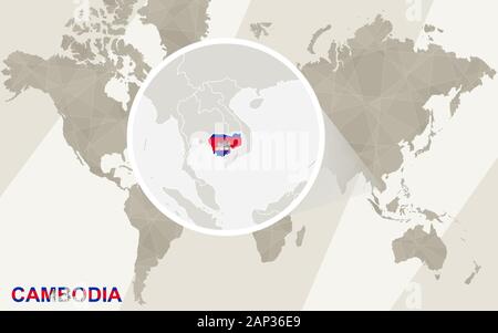 Zoom on Cambodia Map and Flag. World Map. Stock Vector