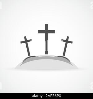 Gray Calvary icon with three crosses on light background. Vector illustration. Calvary sign in flat design. Stock Vector