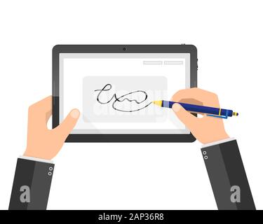 Hands of businessman and digital signature on tablet. Vector illustration. Concept of modern handwritten digital signature in flat design. Stock Vector