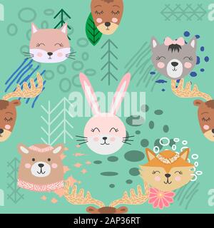 Hand drawn camping seamless pattern with cartoon characters Stock Vector