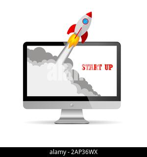 The spacecraft crashes outside monitor screen . Vector Illustration. Concept of business start-up. Stock Vector