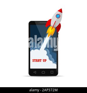 The spacecraft crashes outside smartphone screen. New business project startup development and launching new product or service. Vector illustration. Stock Vector