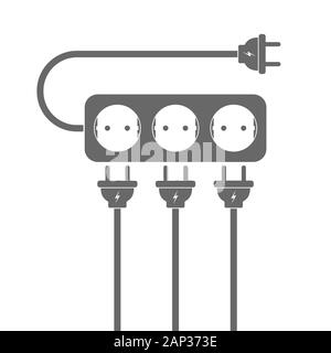 Power extension cord. Vector illustration. Gray extension cord with three wire plugs, on white background. Stock Vector