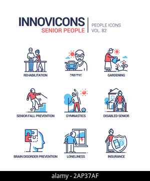 Senior people line design style icons set Stock Vector