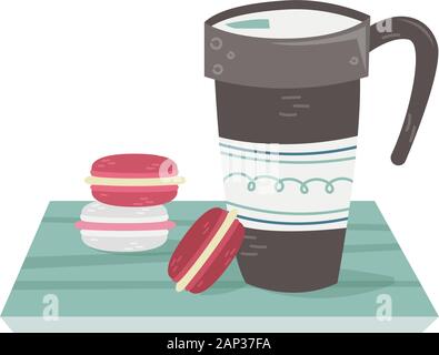 A travel mug with hot coffee and macaroons on the table. Flat vector illustration. Stock Vector