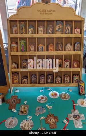 'Pocket Saints' with prayers sold in Old Town Albuquerque, New Mexico Stock Photo