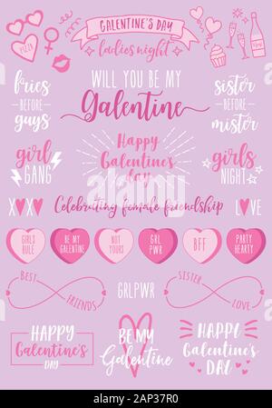 Galentines day, hand drawn vector design elements for Valentine's day card, Galentines day, ladies night, female party invitation Stock Vector