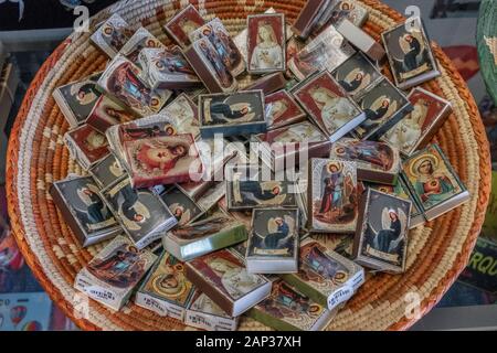 "Spiritual Mini Matchboxes" for sale in Old Town Albuquerque, New Mexico Stock Photo
