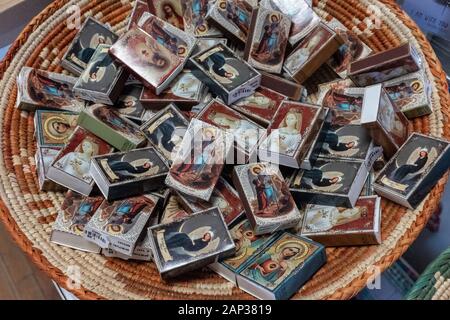 "Spiritual Mini Matchboxes" for sale in Old Town Albuquerque, New Mexico Stock Photo